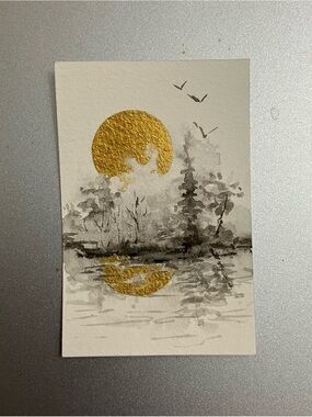 Original sunset landscape miniature realism painting sumi-e style art USA